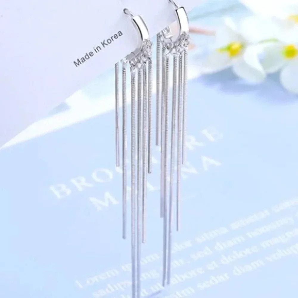 Silver Long Tassel Drop Huggie Hoop Earrings